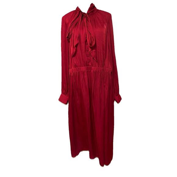 J Crew Long Sleeve Featherweight Satin Tie Neck Dres Ruby Deep Red XL - Picture 2 of 7